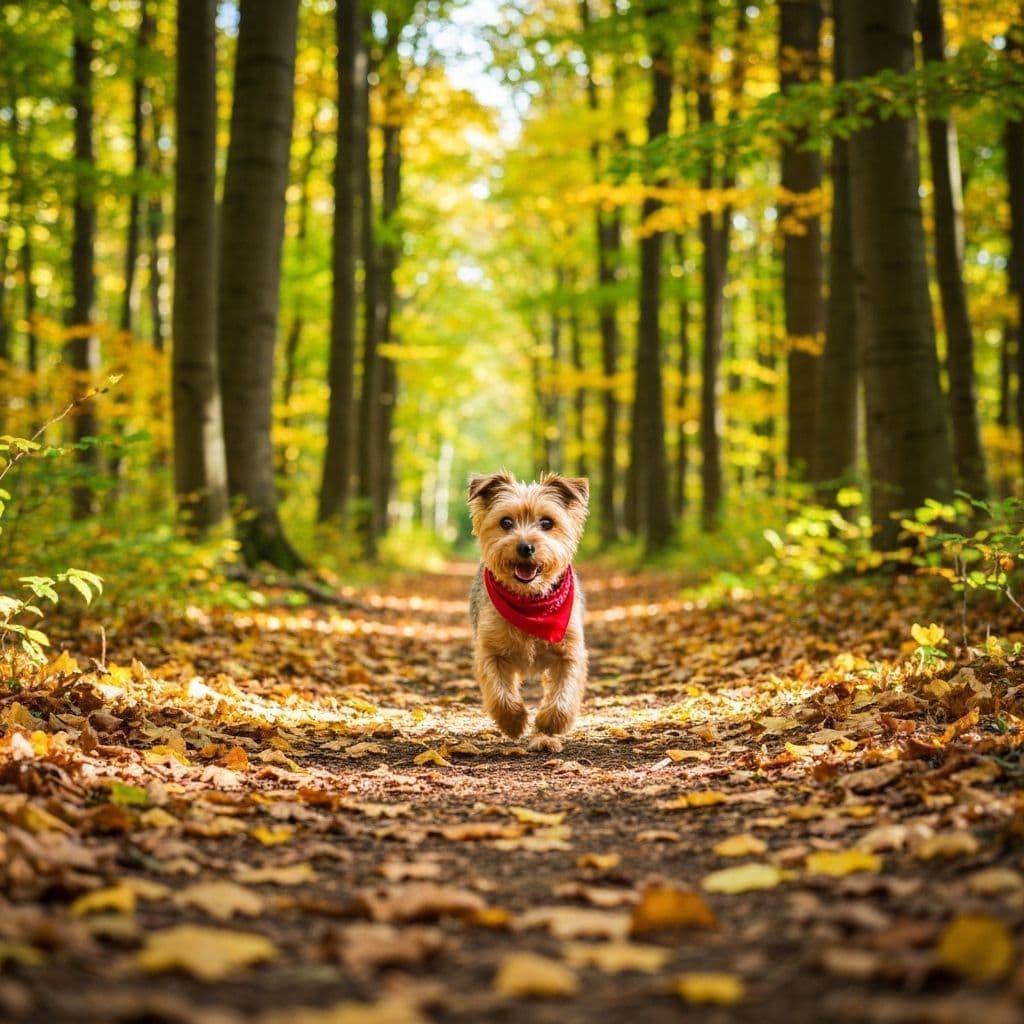 Person in a rust coat sitting in an autumn park with a tricolour hound